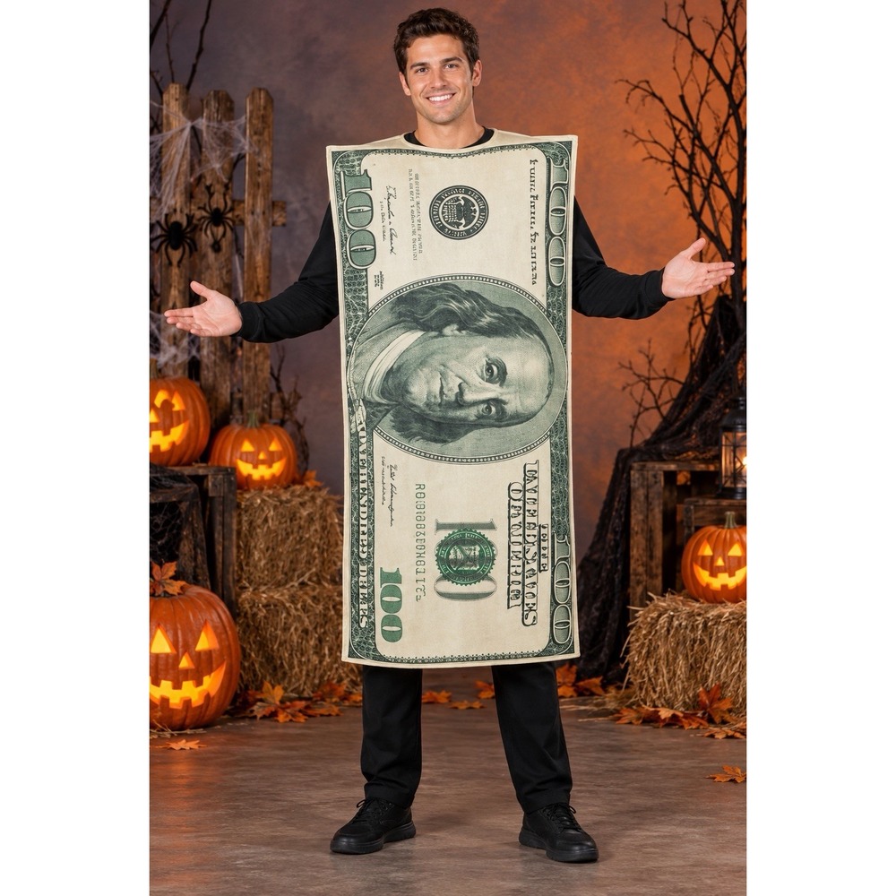 $100 Bill Money Costume Mens One Size Benjamin Franklin Halloween Tunic Adult
